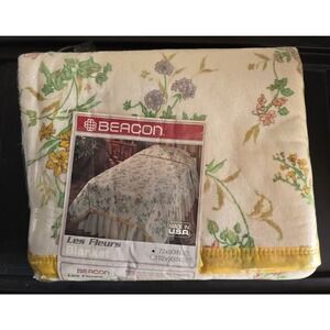 Beacon Floral 72x90 Blanket Twin Floral Flowers Gold Satin Trim USA NEW Vtg